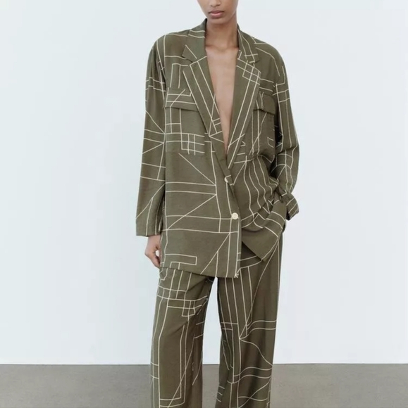 ZARA Khaki Green Oversized Relaxed Geometric Print Lightweight Blazer XS - Picture 8 of 8